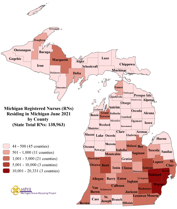 Michigan RNs by county map